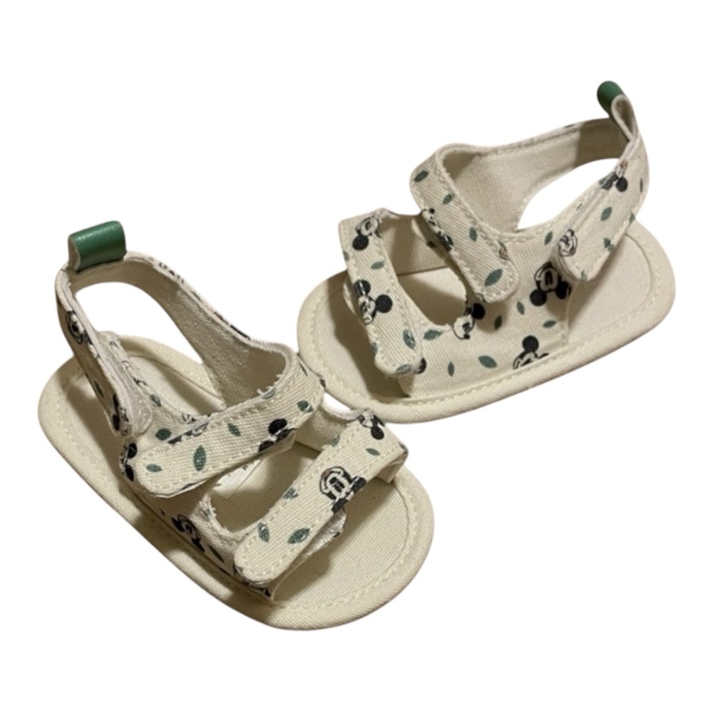 2/$10 Disney 3-6m Mickey Mouse Baby Cream Sandals with Pattern EUC